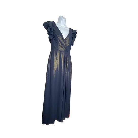 Dessy Collection Midnight Gold‎ Shimmer Flutter Sleeve Surplice V-Neck Gown Sz 4 - Picture 4 of 10